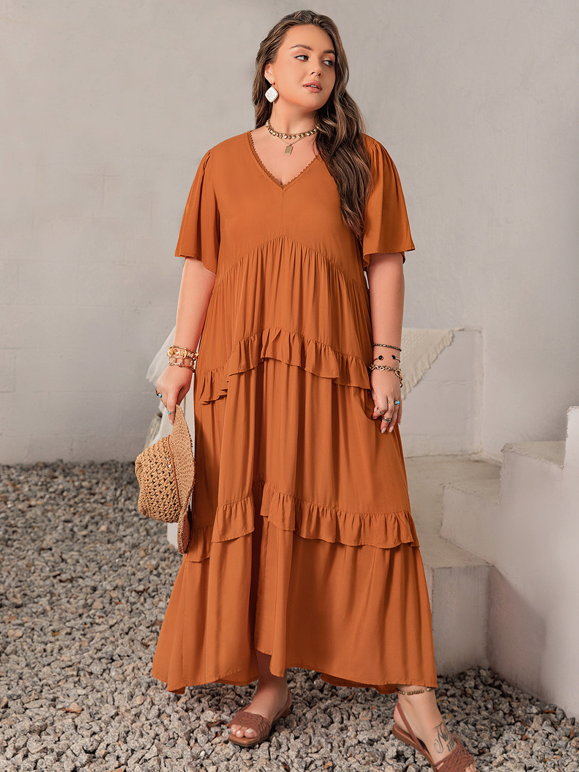 Plus Size V-Neck Flutter Sleeve Maxi Dress