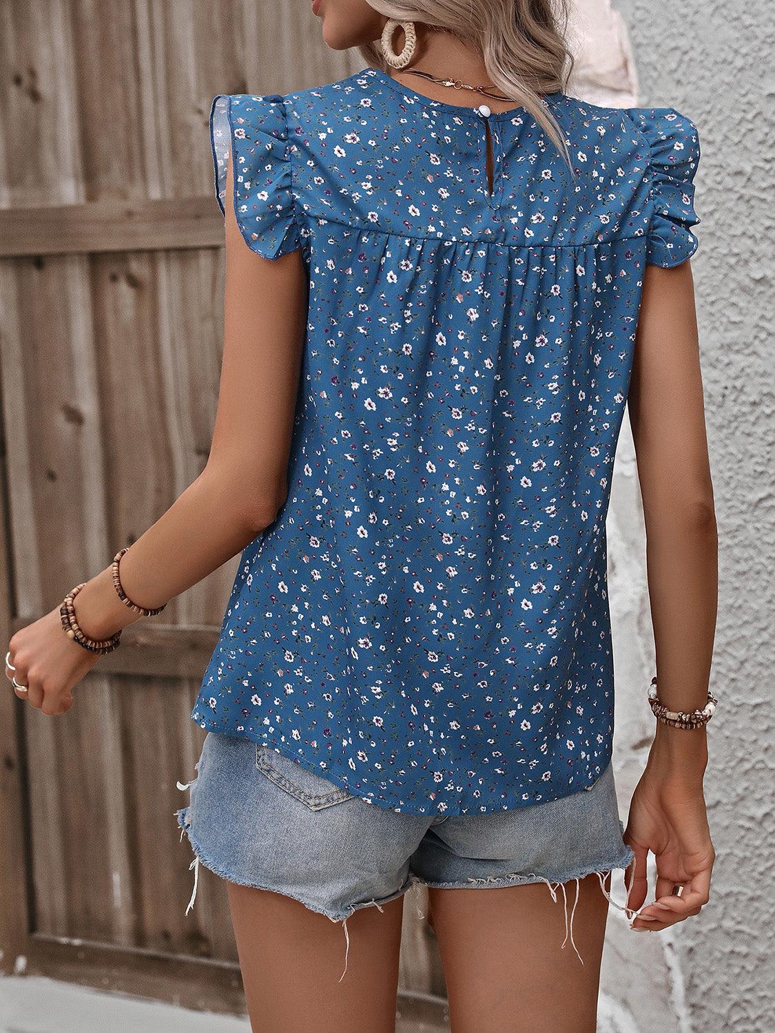 Ruffled Printed Round Neck Cap Sleeve Blouse