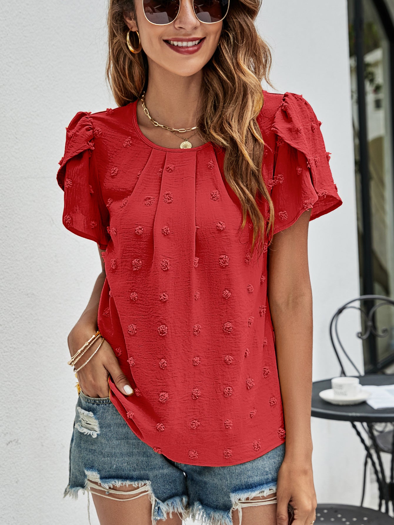 Swiss Dot Round Neck Petal Sleeve Top