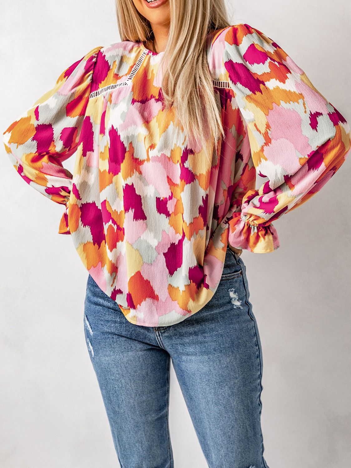 Printed Flounce Sleeve Buttoned Blouse