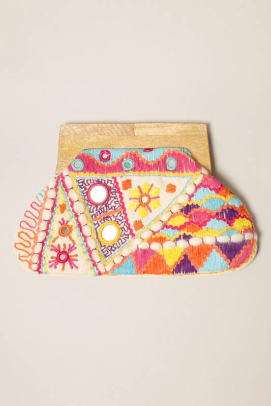 Multi Color Pattern Wood Frame Clutch Bag