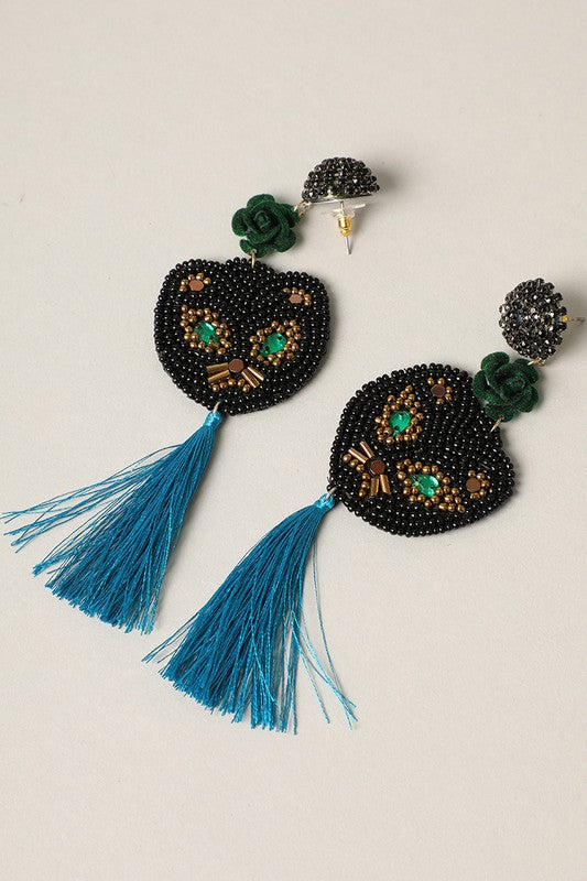 Spooky Cat with Blue Tassel Drop Earrings