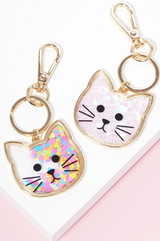 Cat Face with Glitter Keychain