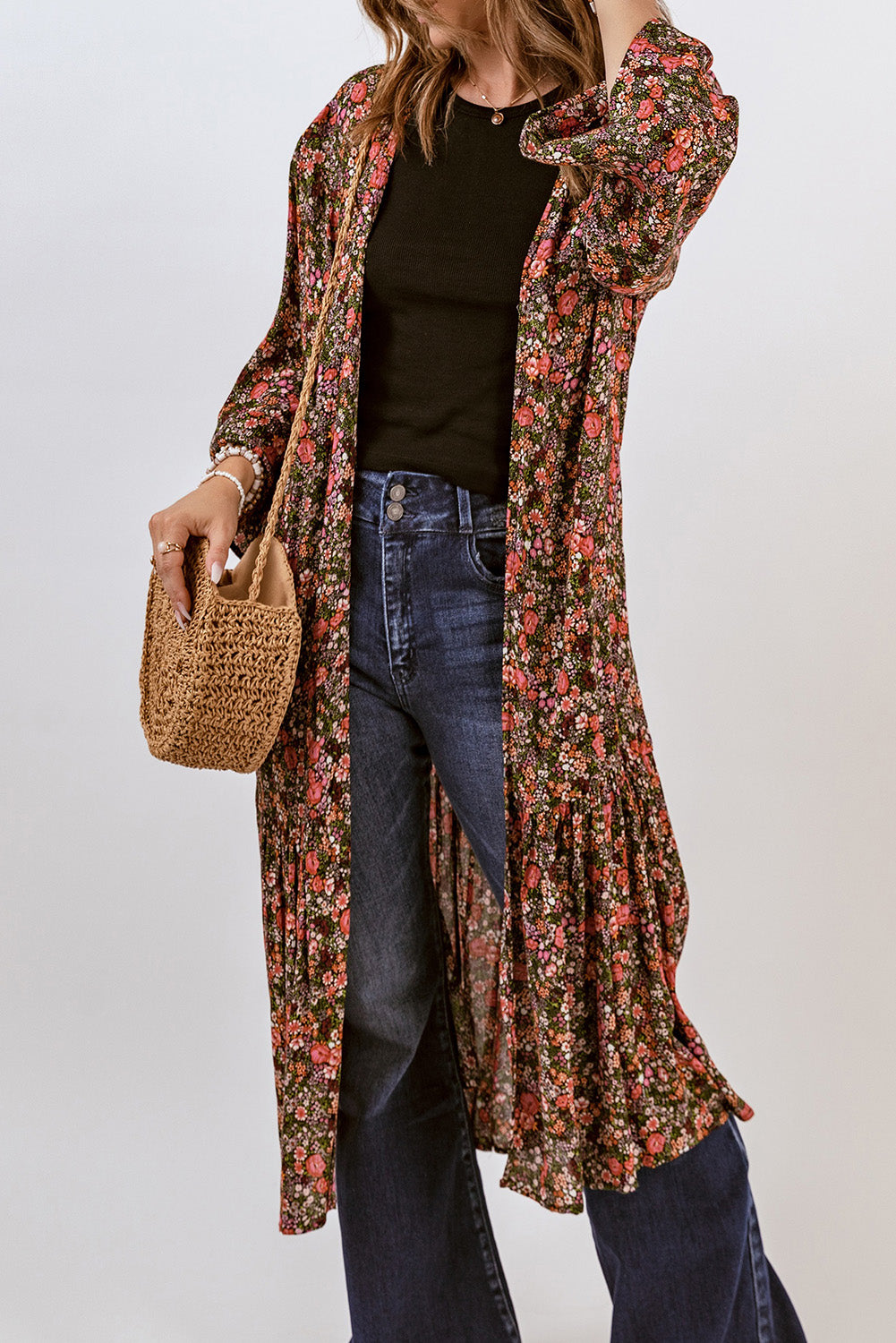 Floral Open Front Duster Cardigan