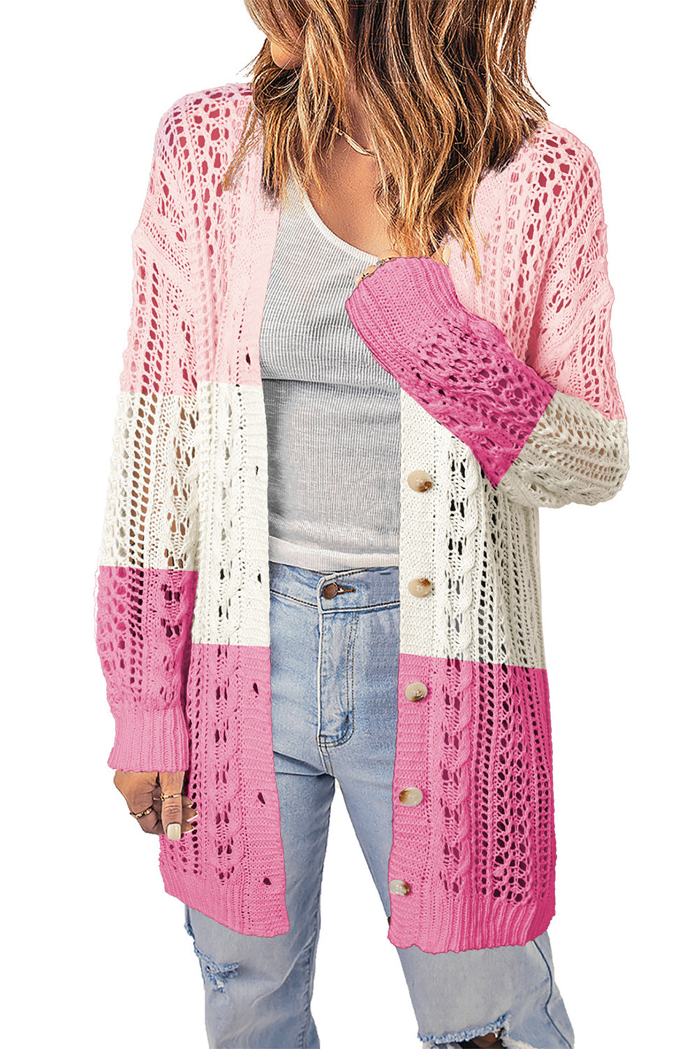 Openwork Ribbed Cuff Longline Cardigan