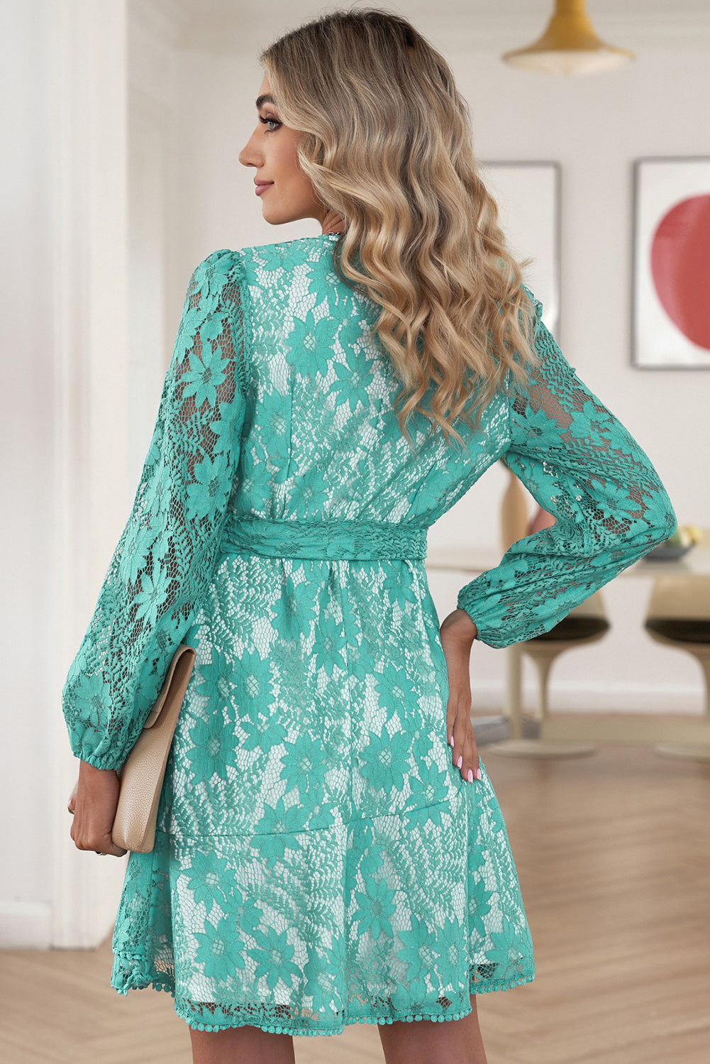 Pompom Trim Puff Sleeve Belted Lace Dress