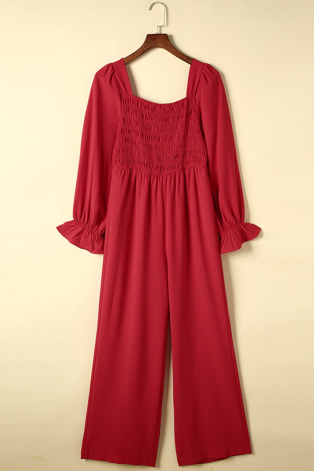 Smocked Long Flounce Sleeve Square Neck Jumpsuit