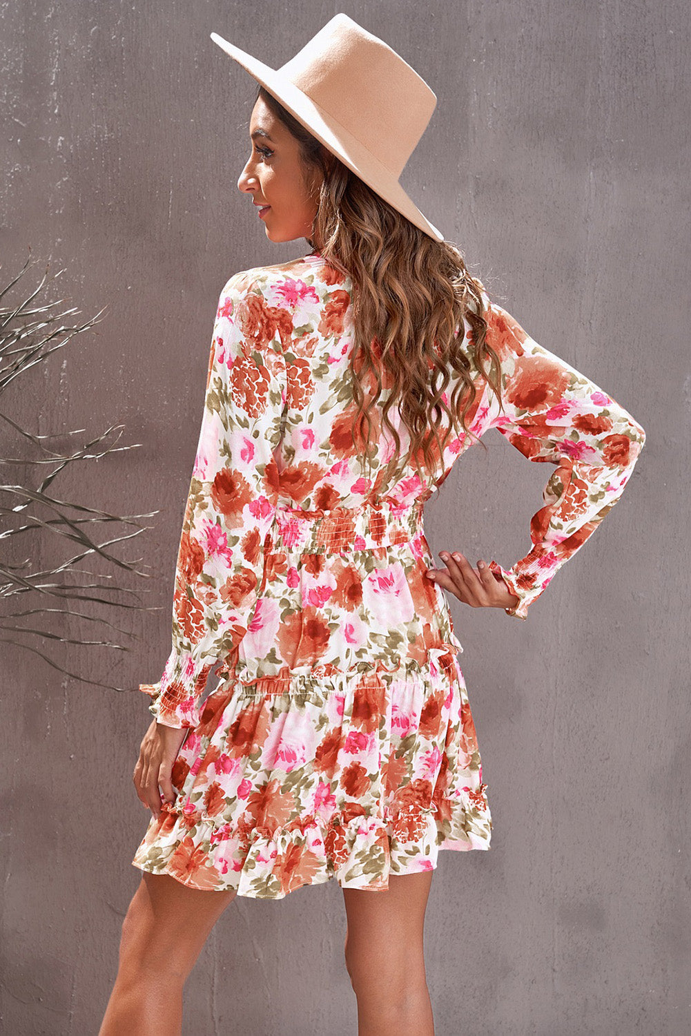 Floral Smocked Tie-Neck Frill Trim Dress