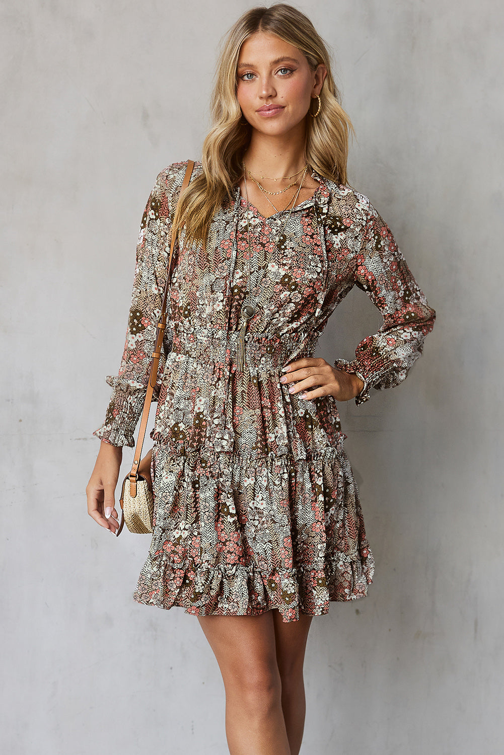 Floral Smocked Tie-Neck Frill Trim Dress