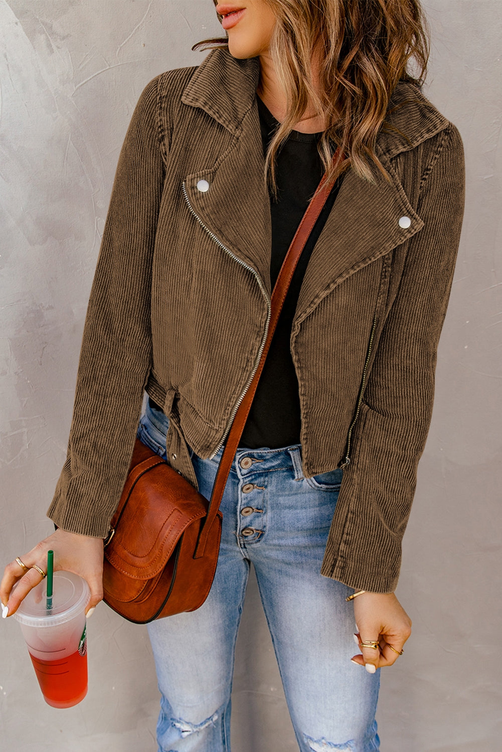 Belted Zip-Up Corduroy Jacket