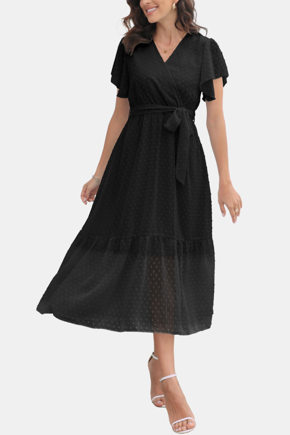 Surplice Neck Flutter Sleeve Tied Dress