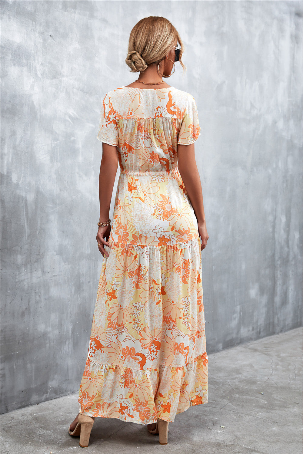 Floral Buttoned Drawstring Waist Maxi Dress