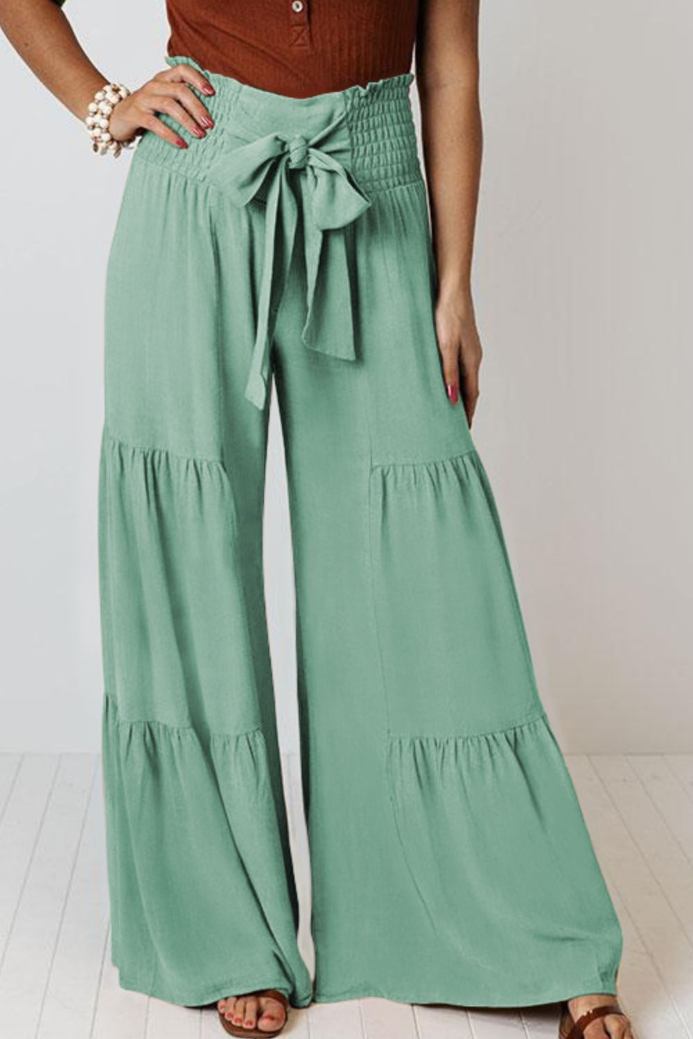 Tie Front Smocked Tiered Culottes