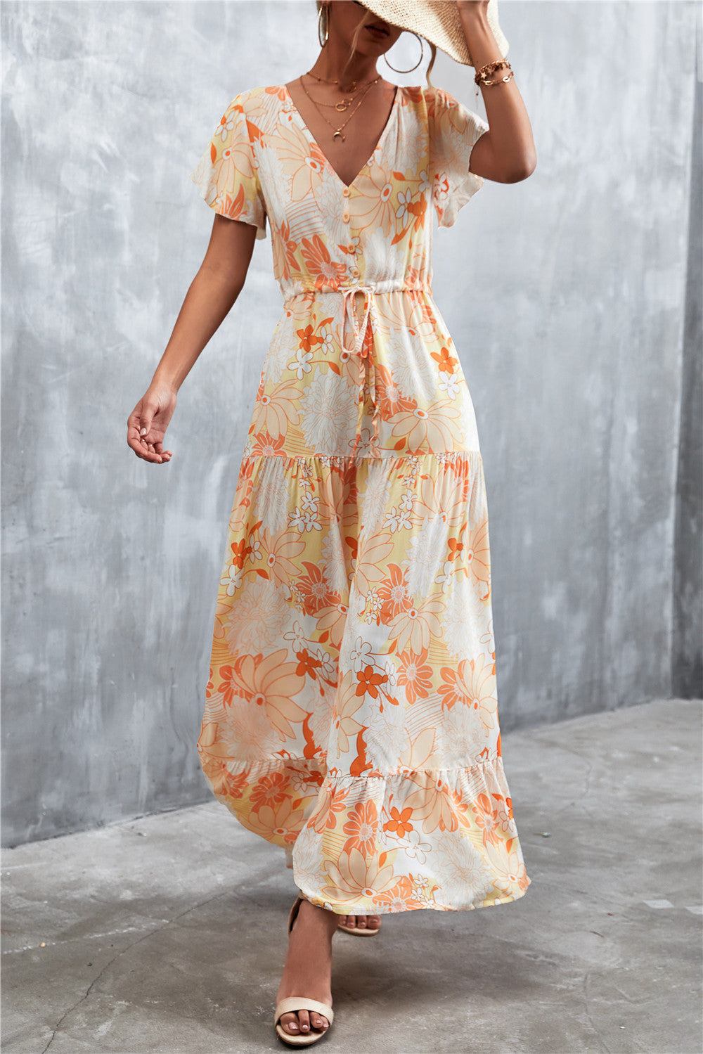 Floral Buttoned Drawstring Waist Maxi Dress