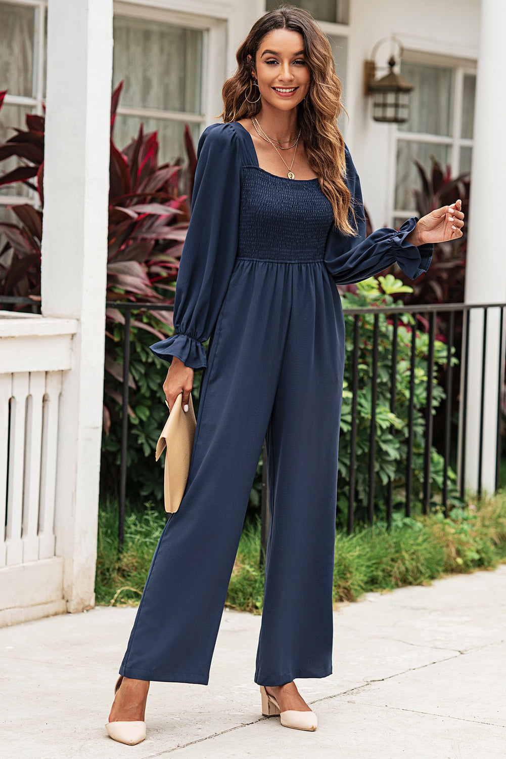 Belted Long Puff Sleeve V-Neck Jumpsuit