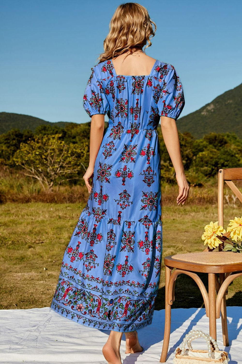 Floral Ruched Puff Sleeve Tiered Maxi Dress