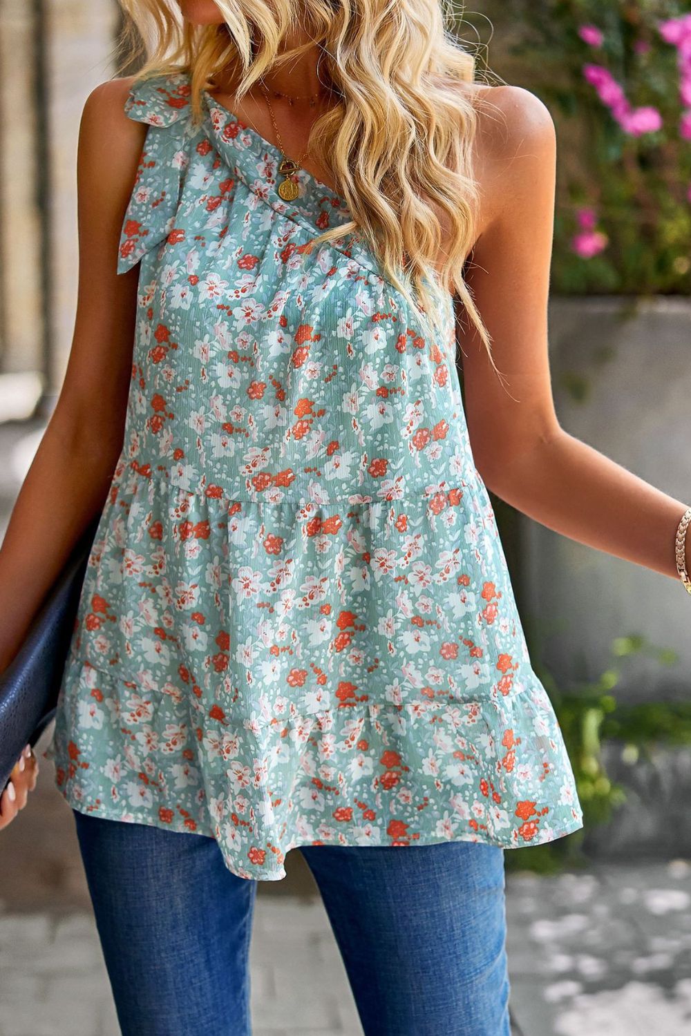 Printed One-Shoulder Tiered Top