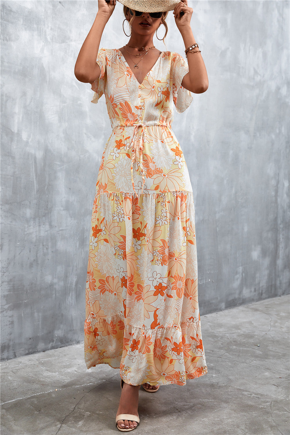 Floral Buttoned Drawstring Waist Maxi Dress