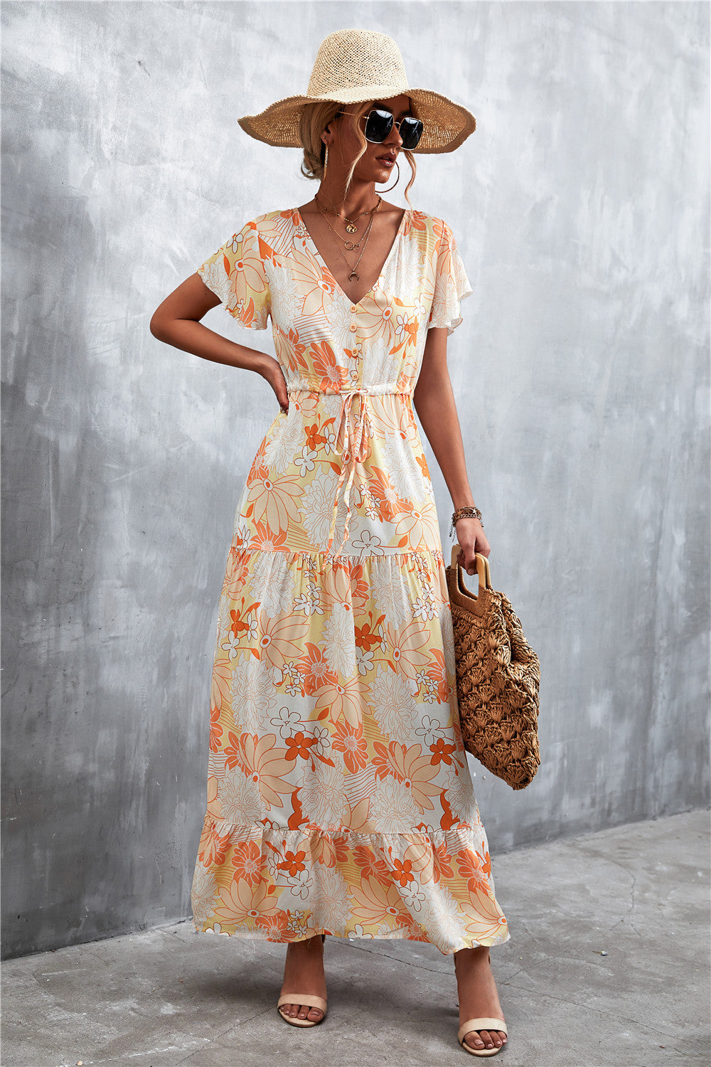 Floral Buttoned Drawstring Waist Maxi Dress