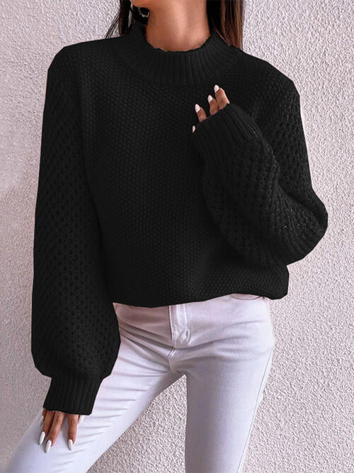 Openwork Mock Neck Long Sleeve Sweater