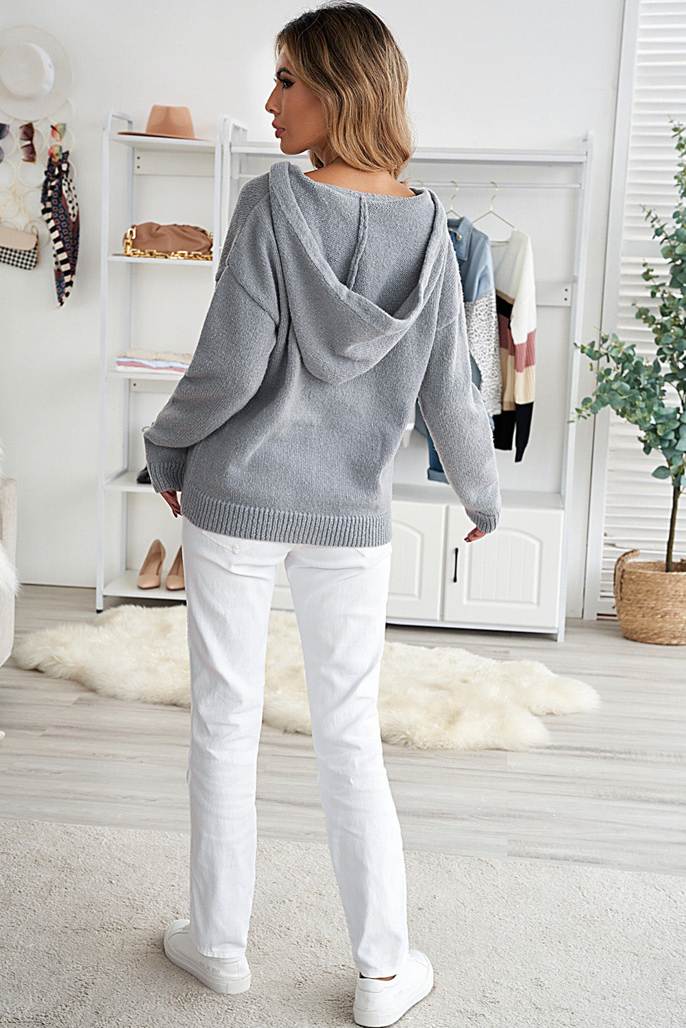 Lace Trim Half-Button Drawstring Knit Hoodie