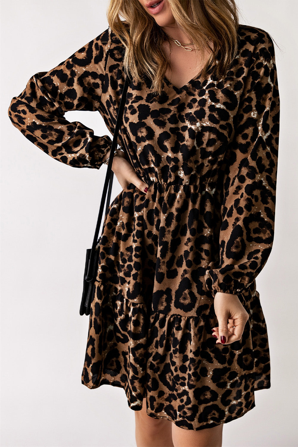 Leopard V-Neck Balloon Sleeve Tiered Dress