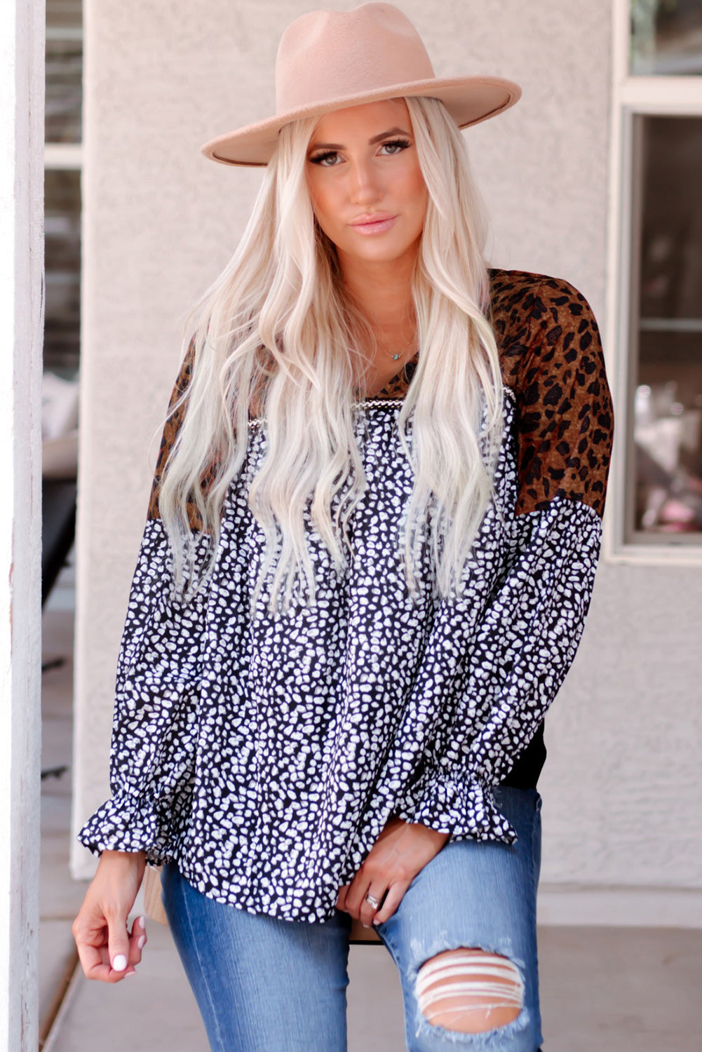 Animal Print Color Block  V-Neck Flounce Sleeve Blouse