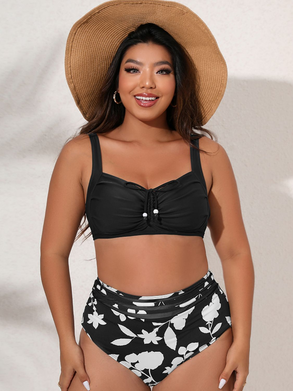 Plus Size Printed Gathered Detail Bikini Set