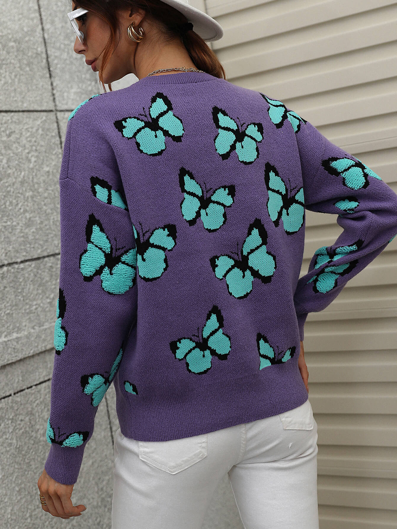 Butterfly Dropped Shoulder Crewneck Sweater