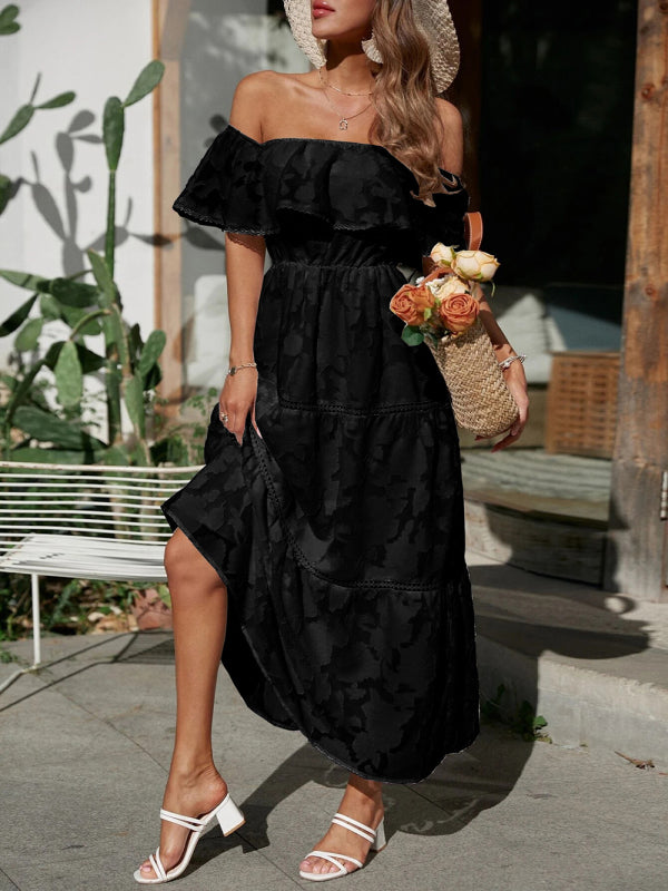 Women's Solid Color Ruffle Off The Shoulder Tiered Maxi Dress