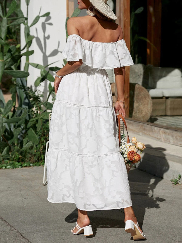 Women's Solid Color Ruffle Off The Shoulder Tiered Maxi Dress